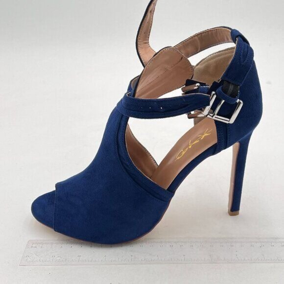 XYD Blue Women Peep Toe Ankle Bootie High Heels Buckled Double Straps Cutout - Picture 3 of 8